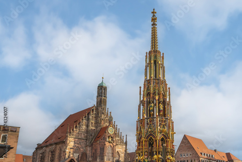 Hauptmarkt Square with Frauenkirche (Church of Our Lady) and Schoner Brunnen fountain - Nuremberg, Bavaria, Germany
