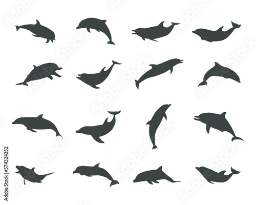 Dolphin silhouettes, Jumping dolphins silhouette, Dolphin vector © DesignLands 