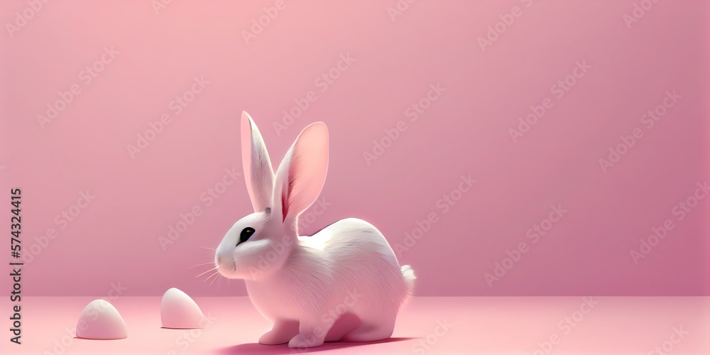 Illustration of White rabbit ear on pastel pink background. Easter day. 3d rendering. Generative AI