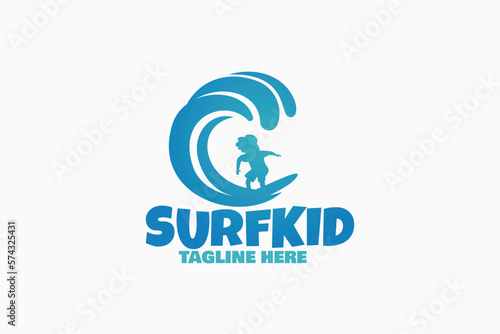 surf kid logo with a boy surfing on beautiful waves for any business especially for surfing store, surf learning, club, team, etc.