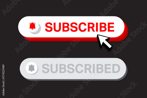 Subscribe, bell button. Red button subscribe to channel, blog. Social media button graphic interface. Marketing. Vector illustration.