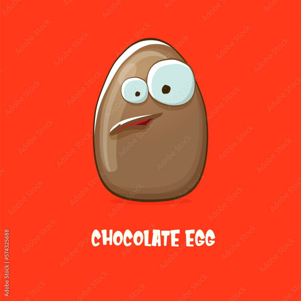 Cartoon chocolate easter egg cartoon characters isolated on red background. My name is egg vector concept illustration. funky sweet chocolate easter egg character with eyes and mouth Cartoon chocolate easter egg cartoon characters isolated on red background. My name is egg vector concept illustration. funky sweet chocolate easter egg character with eyes and mouth