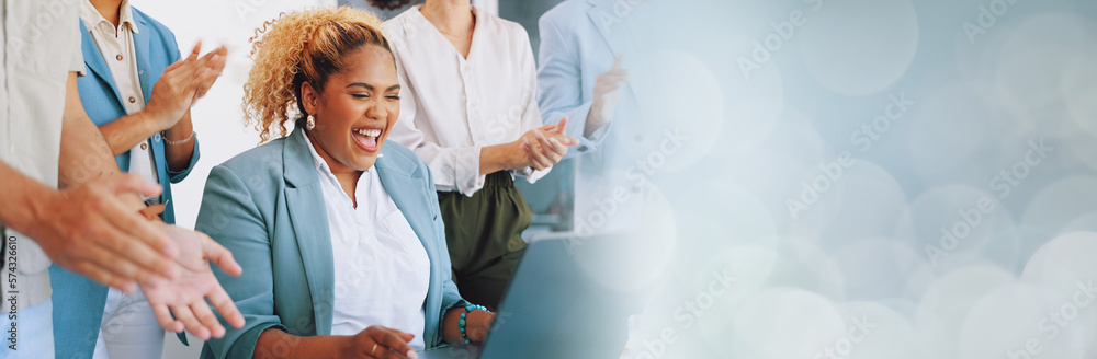 Applause, laptop and winning woman in office success, congratulations and celebration of company target sales. Winner, wow and clapping for worker, employees or people promotion, news or opportunity - obrazy, fototapety, plakaty 