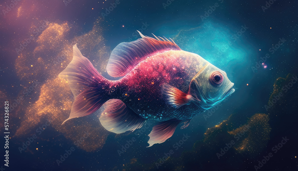 Pisces Koi fish zodiac sign against space nebula background. Astrology calendar. Esoteric horoscope and fortune telling concept. Created with Generative AI