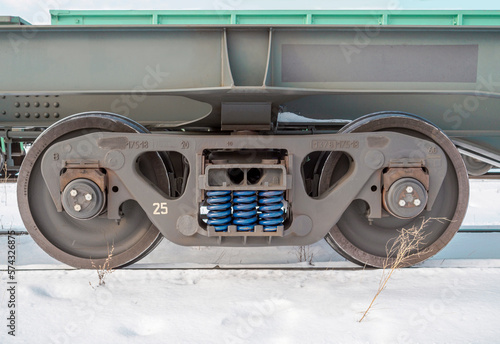 Railway bogie on the rails. Close-up.