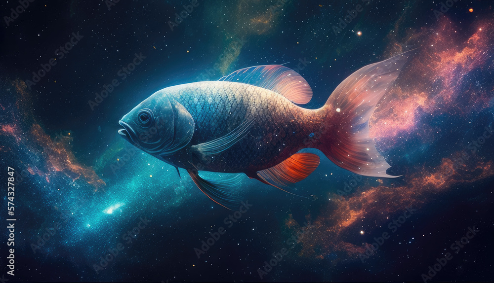 Pisces Koi fish zodiac sign against space nebula background. Astrology calendar. Esoteric horoscope and fortune telling concept. Created with Generative AI Pisces Koi fish zodiac sign against space nebula background. Astrology calendar. Esoteric horoscope and fortune telling concept. Created with Generative AI