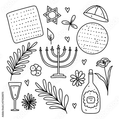 Happy Passover elements with Wine and Matzah in hand drawn doodle style. Jewish Holiday vector items set isolated on white background.