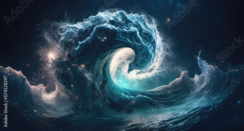 Aquarius wave water zodiac sign against space nebula background. Astrology calendar. Esoteric horoscope and fortune telling concept. Created with Generative AI