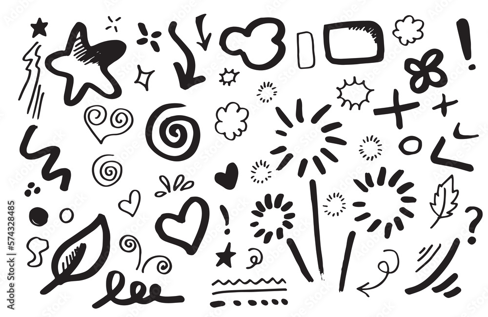 Hand drawn set elements, black on white background. Arrow, heart, love, star, leaf, sun, light, flower, crown, king, queen,Swishes, swoops, emphasis ,swirl, heart, for Hand drawn set elements, black on white background. Arrow, heart, love, star, leaf, sun, light, flower, crown, king, queen,Swishes, swoops, emphasis ,swirl, heart, for