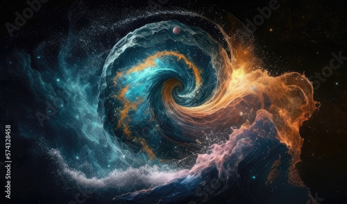 Aquarius wave water zodiac sign against space nebula background. Astrology calendar. Esoteric horoscope and fortune telling concept. Created with Generative AI © Assyifa Sisters