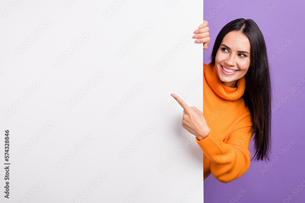 Photo of lady promoter demonstrate white copy space paper placard advertise shop news isolated purple color background Photo of lady promoter demonstrate white copy space paper placard advertise shop news isolated purple color background