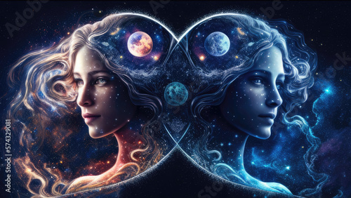 Gemini twin beautiful woman zodiac sign against space nebula background. Astrology calendar. Esoteric horoscope and fortune telling concept. Created with Generative AI