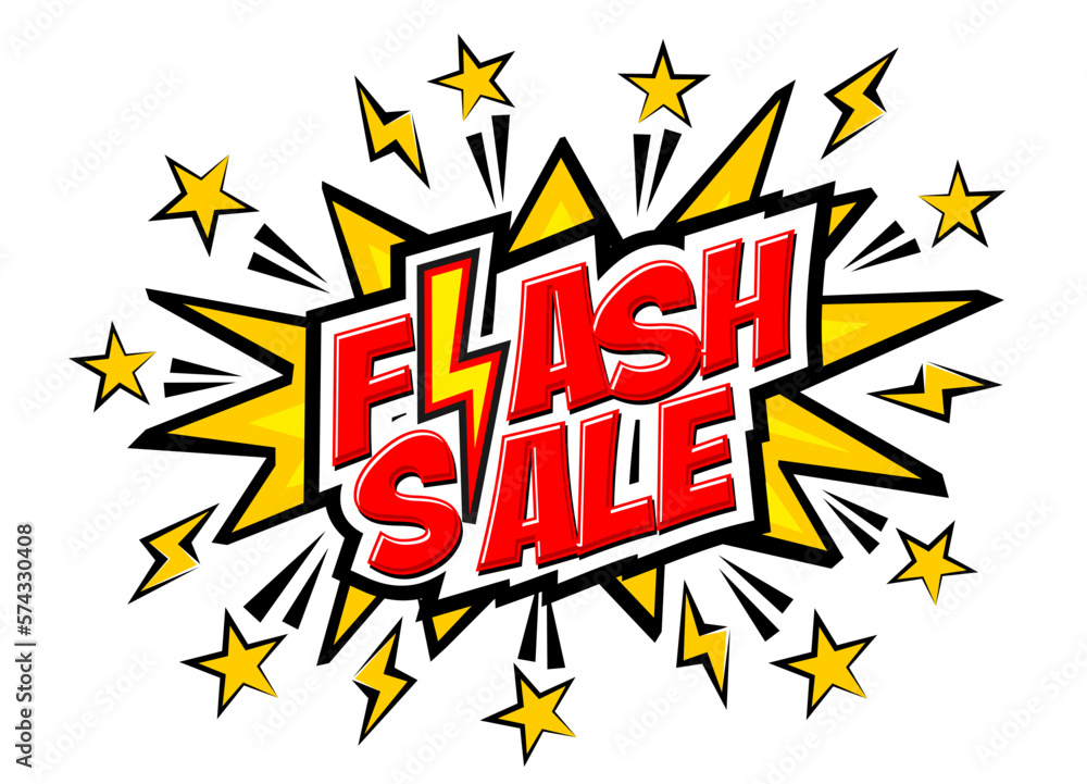 Flash sale template poster or banner with stars, explosion and lightning in comic style. Cartoon vector on transparent background Flash sale template poster or banner with stars, explosion and lightning in comic style. Cartoon vector on transparent background