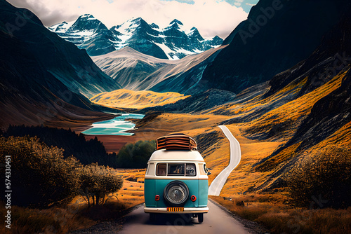 On the Road Again vintage camper van parked on a winding mountain road Generative AI photo