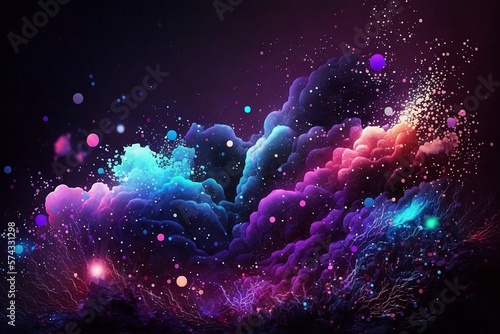 Magical neon background with blur and tiny particles  explosions and swirls of glitter and confetti. Abstract dark background. Generative AI