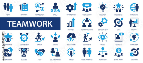 Teamwork icons set. business people, idea, presentation, goal, reward and others. Business teamwork, human resources. Flat icons collection.