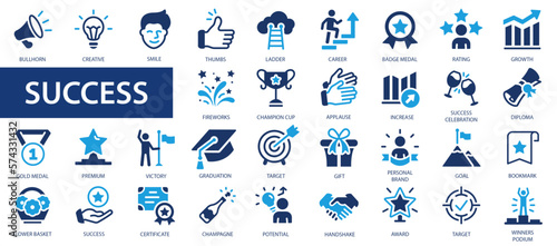 Success icons set. Achievment, handshake, victory and more. Flat icons collection.