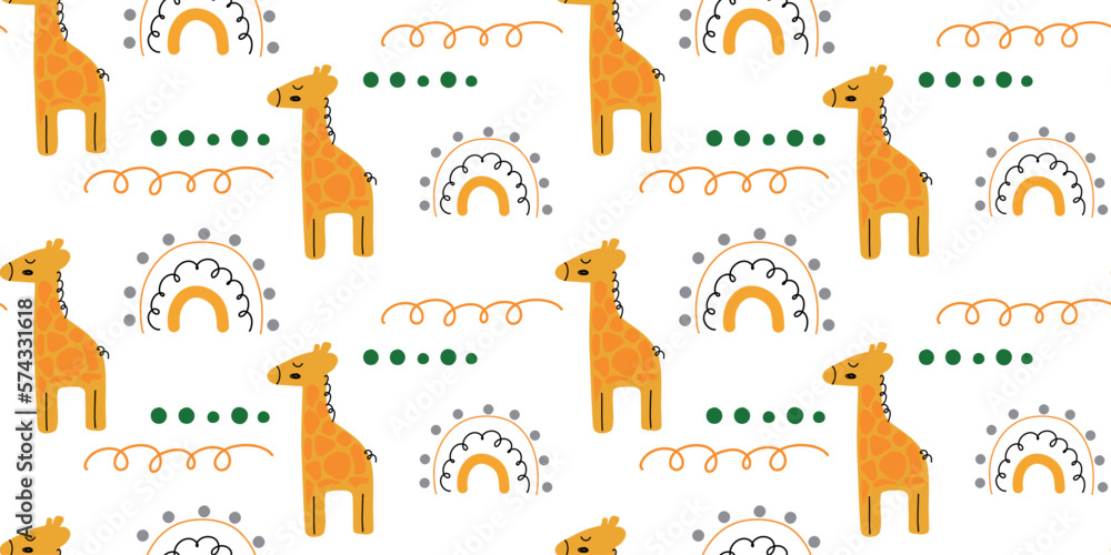 Fototapeta premium A cute pattern with giraffes in a cartoon style. Orange giraffe and rainbow on a white background. Seamless pattern of the vector. Print for a children's room, clothes for newborn, baby shower.