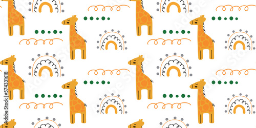 A cute pattern with giraffes in a cartoon style. Orange giraffe and rainbow on a white background. Seamless pattern of the vector. Print for a children's room, clothes for newborn, baby shower.