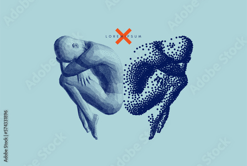 Two men curled up back to back. Emotions, friendship, self-help or acceptance concept. Illustration of the communication between two humans. Battle with yourself. Vector in сoarse and fine style.