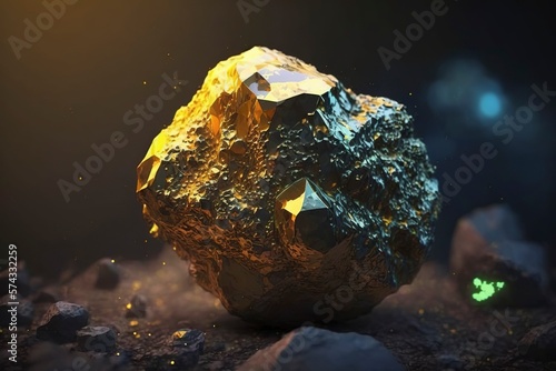 A pile of luminous gold ore with a fuzzy background. AI technology generated image