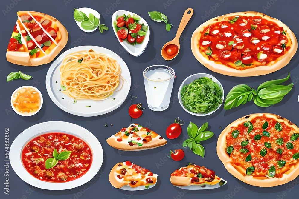 Italian food set. Pizza, spaghetti with sause bolognese, Caprese salad, Bruschetta. Watercolor hand drawn illustration isolated on white background. Generative AI Italian food set. Pizza, spaghetti with sause bolognese, Caprese salad, Bruschetta. Watercolor hand drawn illustration isolated on white background. Generative AI