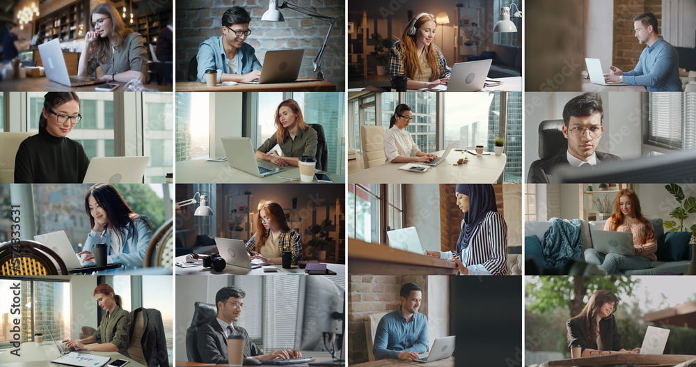 © andreybiling - Collage of diverse people using laptops. Successful business people working on computers. Young students finishing their projects for online education - diversity, communication concept © andreybiling - Collage of diverse people using laptops. Successful business people working on computers. Young students finishing their projects for online education - diversity, communication concept