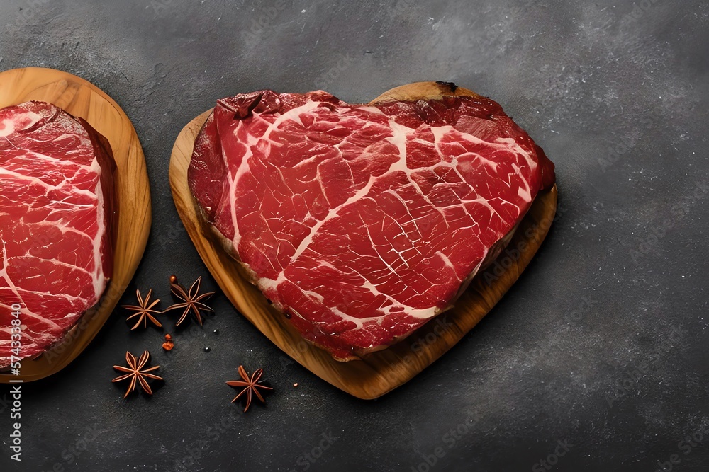 On a stone background, two spiced, heart shaped marble beef steaks are being grilled. Generative AI
