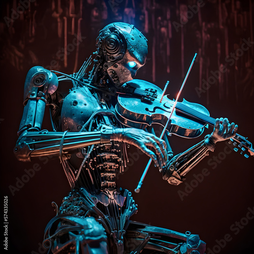 The robot AI plays the violin on stage in the theater. Generative AI