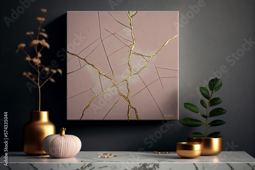modern living room, minimalist texture painting on canvas kintsugi style, golden cracks