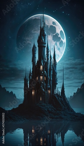 High towers of magical castle in the moonlight. Fantasy and magic night scene. Generative ai.