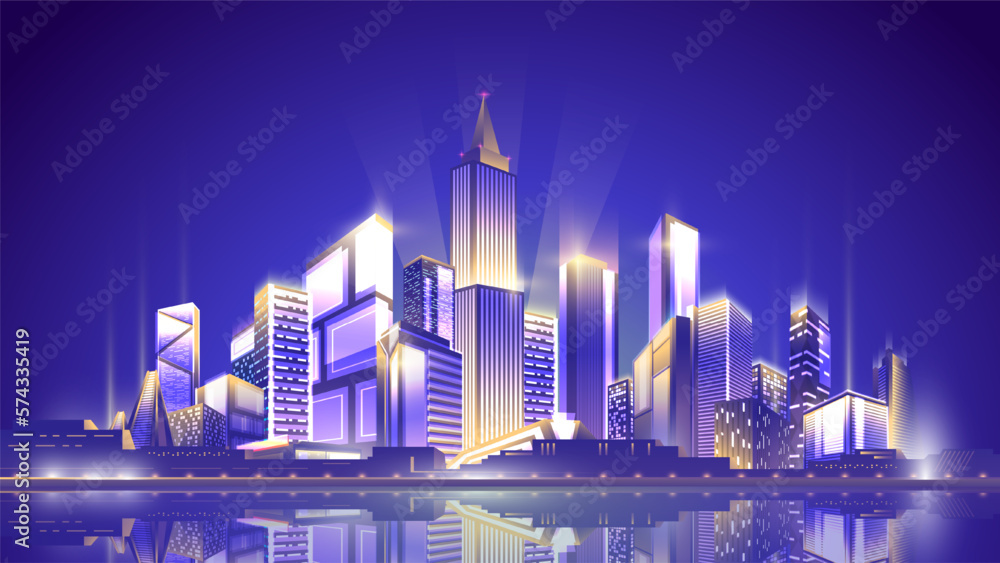 Night shining metropolis on clean sky background with reflection in the water surface.