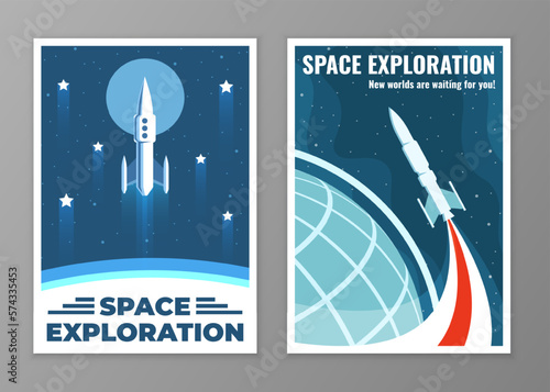 Vector colorful retro vintage space poster. Illustrations of beautiful rockets on a space background.