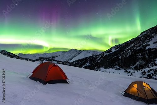 Night time aurora borealis over snowy mountains with a tent glowing warmly, 3D generation 