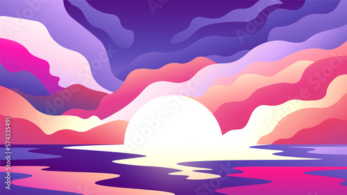 Beautiful horizontal evening seascape. Bright sunset spreads over the water surface.