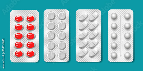 Blisters with tablets of various shapes. Medications. Medical icons. Realistic 3D vector illustration