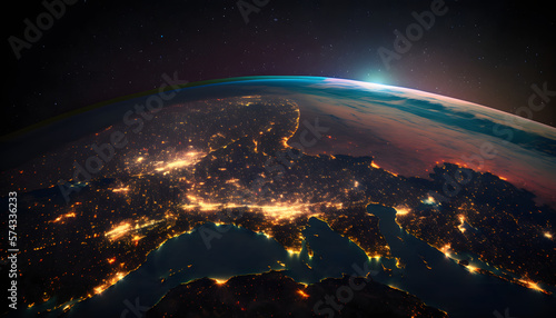 Planet earth from space at night  night view of planet Earth from space  beautiful background with lights and stars  close up