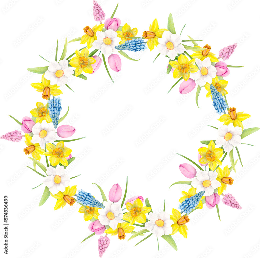 Watercolor Illustration Spring Wreath With Muscari, Daffodils, Tulips, Leaves.