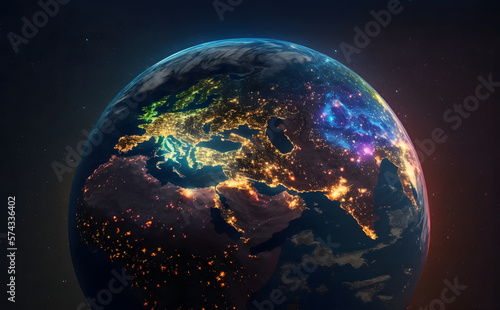 full view planet earth from space at night, night view of planet Earth from space, beautiful background with lights and stars, close up