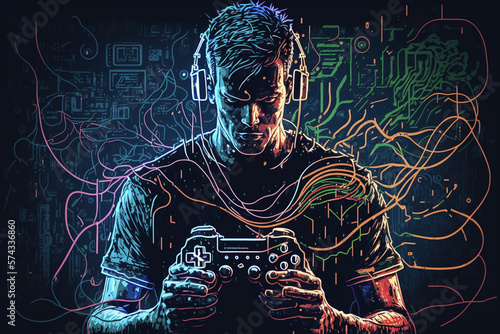 A man playing video game on an electronic circuit background