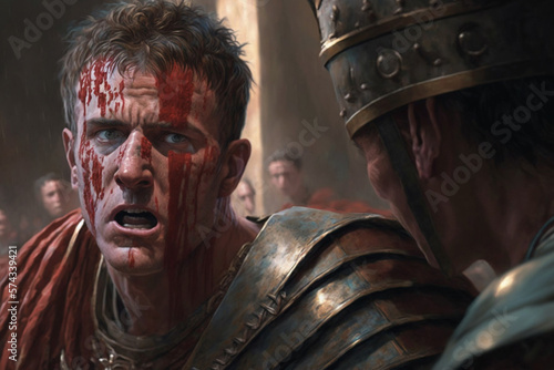 Julius Caesar assassination | moment just after Caesar is stabbed by senators, rendered in a vivid, painterly style that accentuates red of his tunic and cold steel of the conspirators' daggers.  Ai.