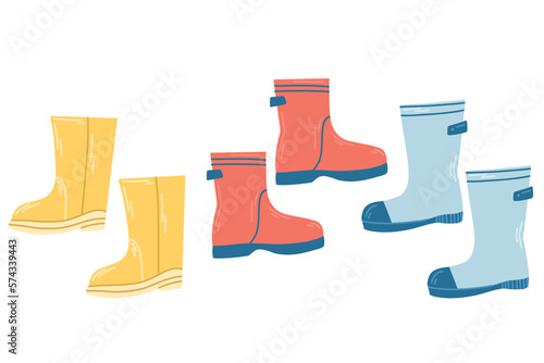 A set of paired multi colored rubber boots, wellington, brodnies, galoshes.