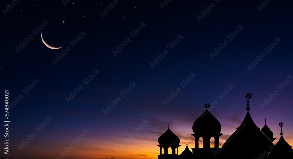 Silhouette dome mosques on dusk sky twilight in the evening religion of islamic free space for text calligraphy Ramadan Kareem, Eid Al Fitr, Eid Al Adha, Eid Mubarak, Muharram