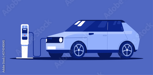 Compact electric car on charge isolated. Vector illustration.