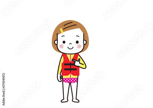 ラッシュガードとライフジャケットを着用したオンの子　水難事故防止
