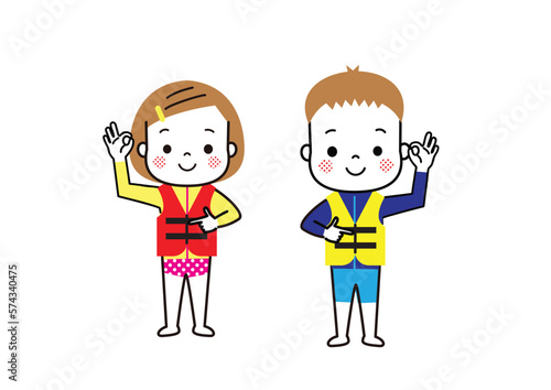 ラッシュガードとライフジャケットを着用した子どもたち　水難事故防止