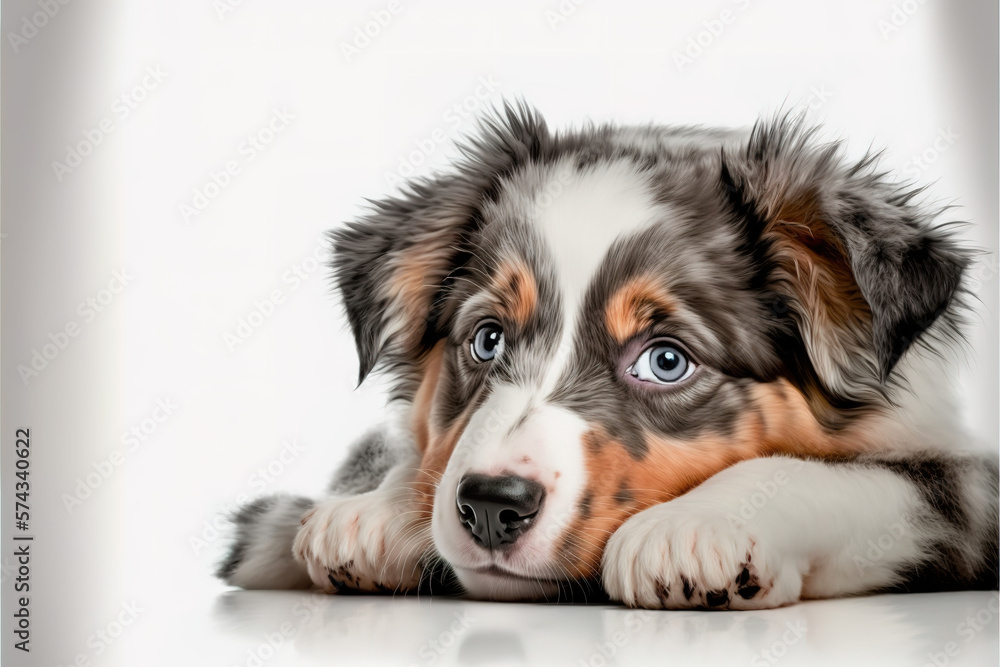 The studio portrait of the puppy dog Australian Shepherd lying on the white background, looking at the copy space