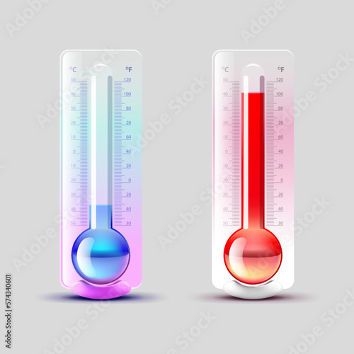 Icon set of glass transparent thermometer measuring cold and hot air temperature, summer and winter seasons, grey background