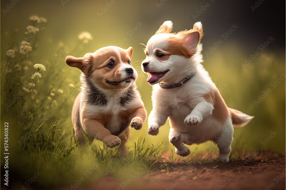 Two adorable small dogs playing outdoors together Two adorable small dogs playing outdoors together