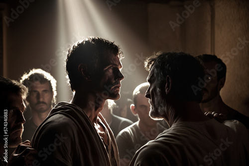 Julius Caesar assassination | an intimate view of the tense moment. the conspirators huddled together, their faces twisted in anger and fear as they prepare to strike. Ai